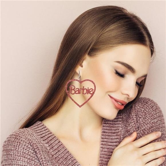 Barbie Pink Heart Dangle Earrings and Necklace, Women and Girls Jewelry Set - Picture 2 of 6